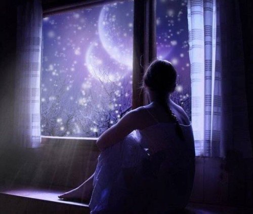 girl window night sky